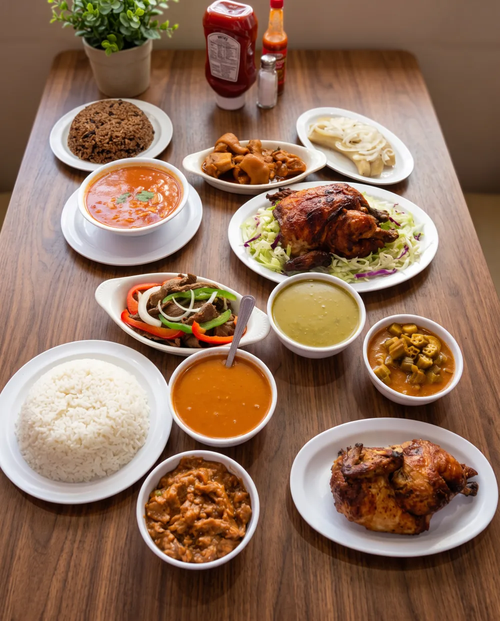 Mesa servida con carnes, arroces, sopas y guarniciones